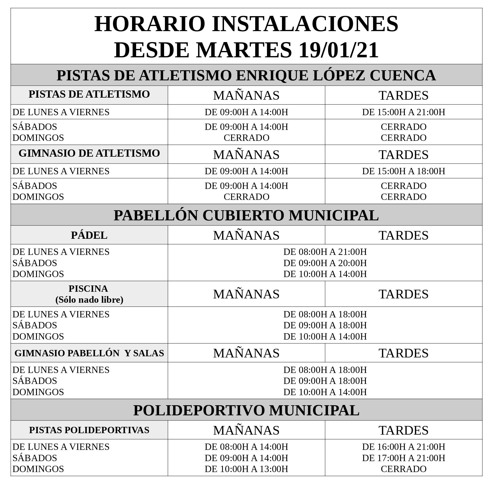 HORARIOS DE LAS INSTALACIONES DEPORTIVAS - Consejo Municipal De ...